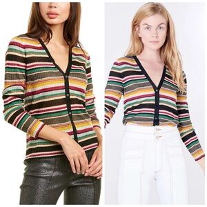 Veronica Beard Keke Stripe Ribbed Cardigan Button in Black Multicolor M Medium